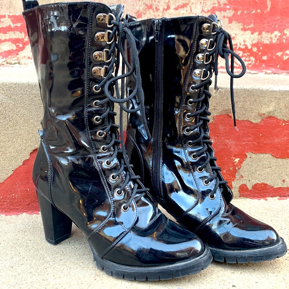 Black Patent Leather Mid Calf Zipper and Lace up Boots SZ 7